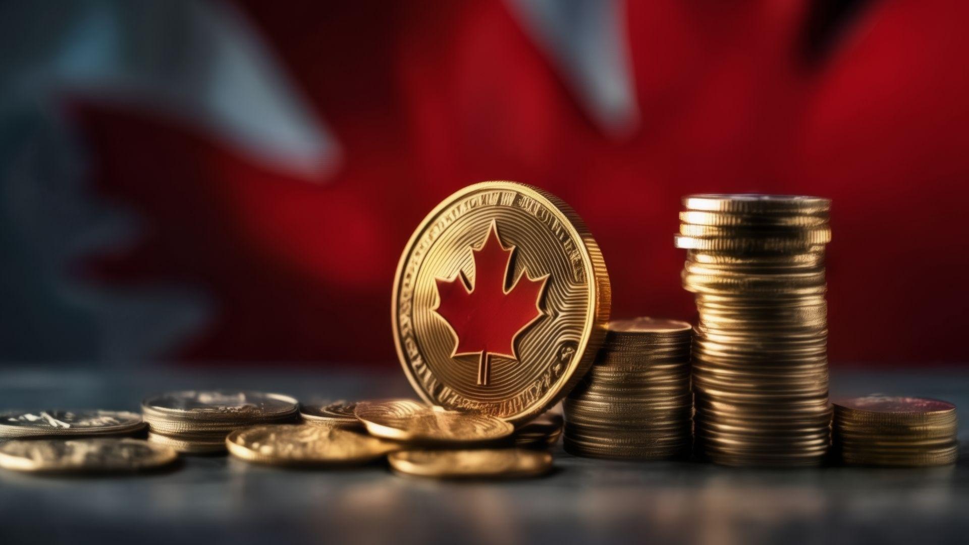 A gold maple leaf coin standing among stacks of gold coins